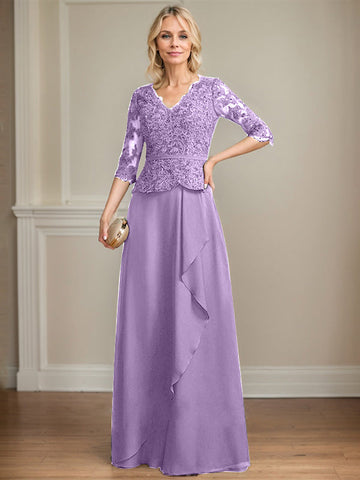 A-line V-Neck Floor-Length Lace Chiffon Mother of the Bride Dress With Cascading Ruffles Sequins