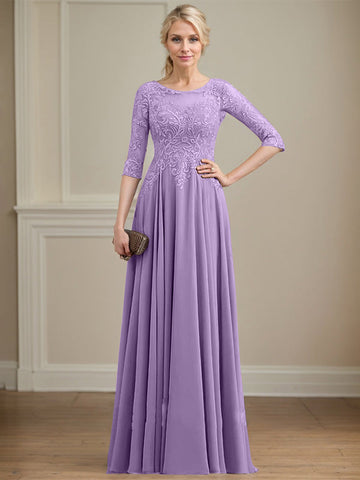 A-line Scoop Illusion Floor-Length Lace Chiffon Mother of the Bride Dress With Sequins