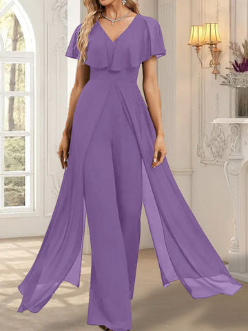 Jumpsuit/Pantsuit V-Neck Floor-Length Chiffon Evening Dress
