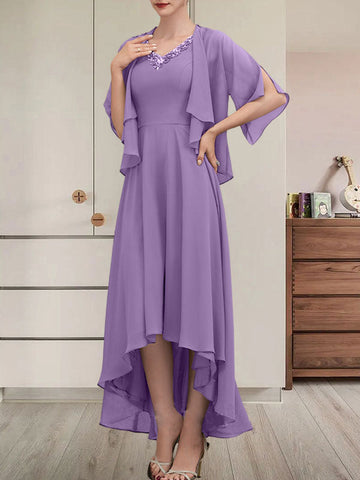 A-line V-Neck Asymmetrical Chiffon Mother of the Bride Dress With Beading Sequins