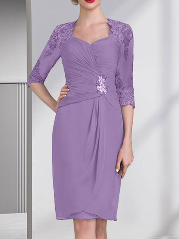 Sheath/Column Sweetheart Knee-Length Chiffon Mother of the Bride Dress With Beading Appliques Lace Sequins Pleated