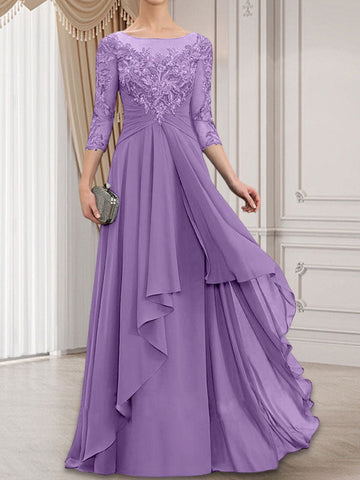 A-line Scoop Illusion Floor-Length Lace Chiffon Mother of the Bride Dress With Cascading Ruffles