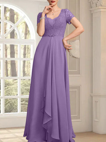 A-line Sweetheart Floor-Length Chiffon Lace Mother of the Bride Dress With Beading Cascading Ruffles