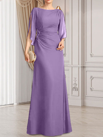 Vestido de corte recto/columna, largo hasta el suelo, de gasa, para la madre de la novia, con plisados ​​y cuentas.