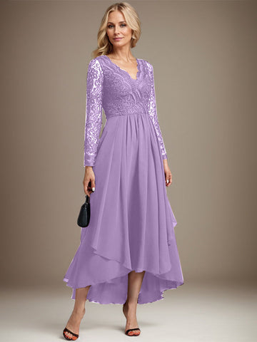 A-line V-Neck Asymmetrical Lace Chiffon Mother of the Bride Dress