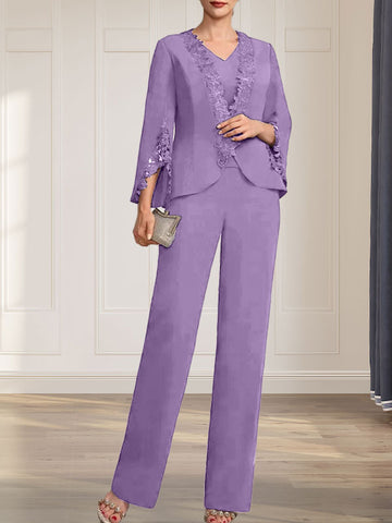 Separates Jumpsuit/Pantsuit V-Neck Floor-Length Chiffon Mother of the Bride Dress