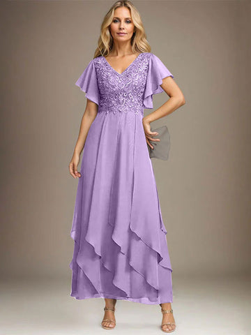 A-line V-Neck Ankle-Length Lace Chiffon Mother of the Bride Dress With Cascading Ruffles