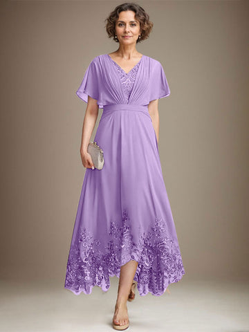A-line V-Neck Asymmetrical Lace Chiffon Mother of the Bride Dress With Pleated