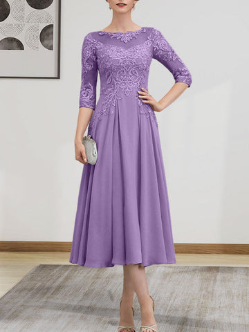 A-line Scoop Illusion Tea-Length Chiffon Lace Mother of the Bride Dress With Beading Sequins