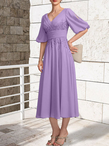 A-line V-Neck Tea-Length Lace Chiffon Mother of the Bride Dress With Pleated