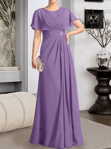A-line Scoop Floor-Length Chiffon Mother of the Bride Dress With Pleated Beading