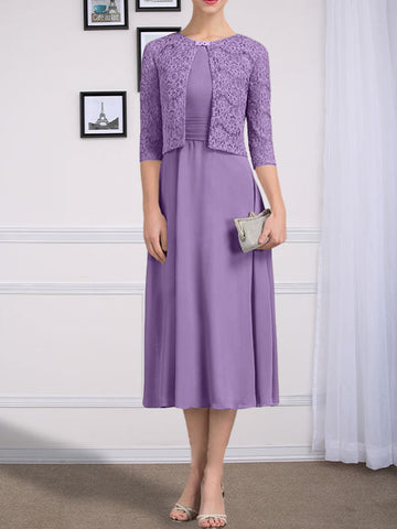 A-line Scoop Tea-Length Chiffon Mother of the Bride Dress With Pleated