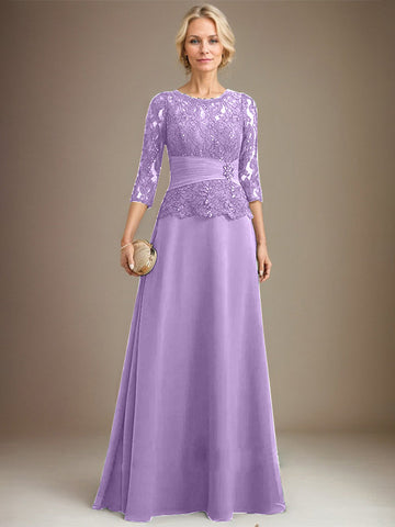 A-line Scoop Illusion Floor-Length Chiffon Lace Mother of the Bride Dress With Pleated Sequins Beading