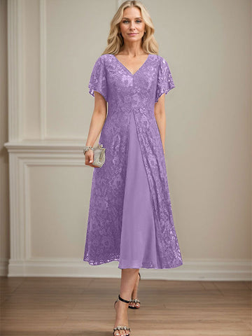 A-line V-Neck Tea-Length Lace Chiffon Mother of the Bride Dress