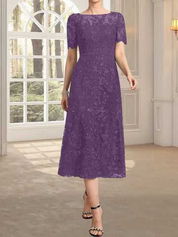 A-line Scoop Illusion Tea-Length Lace Mother of the Bride Dress With Sequins