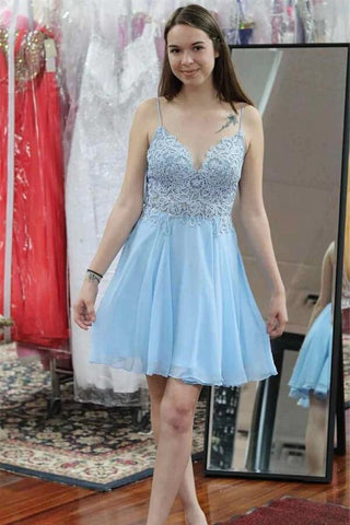 Light Blue A-Line Spagheti Straps Lace Appliques Homecoming Dresses