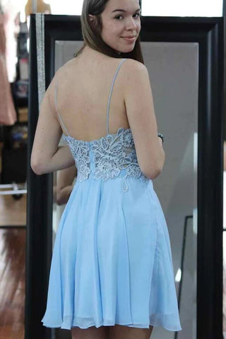 Light Blue A-Line Spagheti Straps Lace Appliques Homecoming Dresses