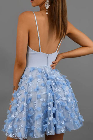 Light Blue A-line V-neck Spaghetti Straps Lace Flower Homecoming Dresses