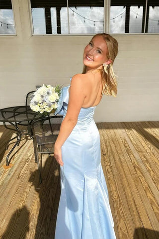 Light Blue Mermaid Strapless Tea Length Bridesmaid Dress With Bow