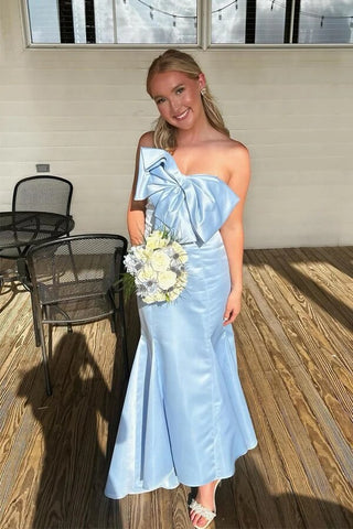Light Blue Mermaid Strapless Tea Length Bridesmaid Dress With Bow