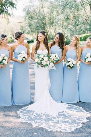 Light Blue Satin Sheath Halter Bridesmaid Dresses, Wedding Party Dress