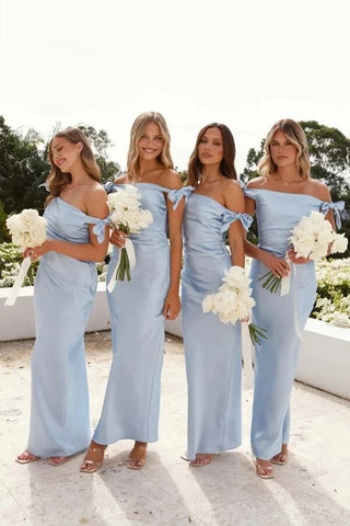 Light Blue Sheath Off-the-Shoulder Pleated Satin Bridesmaid Dresses