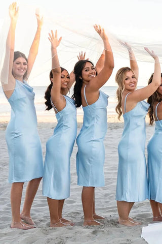 Light Blue Spaghetti Straps Cowl Neck Short Bridesmaid Dresses