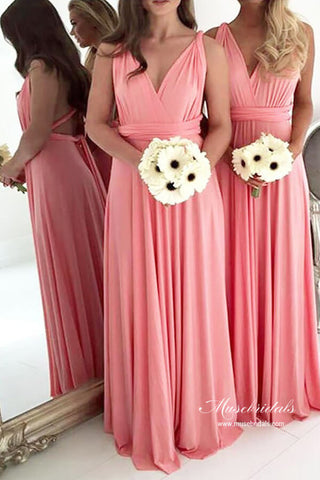Light Coral Chiffon A-line Backless Plus Size Long Bridesmaid Dresses