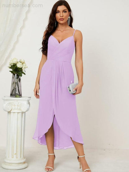 Spaghetti Chiffon V Neck Bridesmaid Dress Mid-Length Slit Formal Prom Dress Homecoming Dress 2803