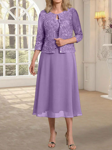 A-line Scoop Tea-Length Lace Chiffon Mother of the Bride Dress With Sequins