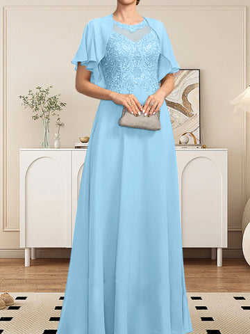 A-line Scoop Illusion Floor-Length Lace Chiffon Mother of the Bride Dress With Sequins