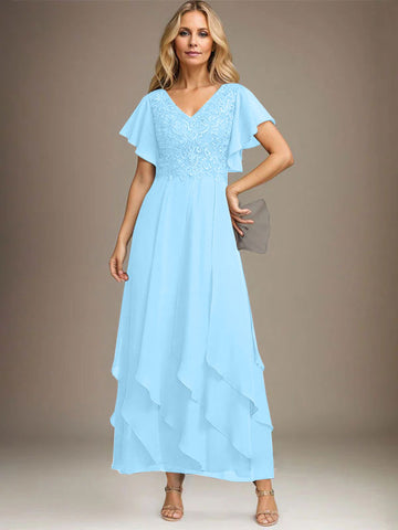 A-line V-Neck Ankle-Length Lace Chiffon Mother of the Bride Dress With Cascading Ruffles
