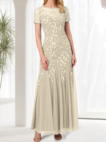 Vestido largo azul de sirena con cuello redondo para la madre de la novia con pedrería