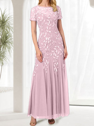 Vestido largo azul de sirena con cuello redondo para la madre de la novia con pedrería