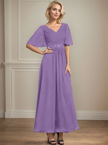 A-line V-Neck Ankle-Length Chiffon Mother of the Bride Dress With Pleated Beading Sequins