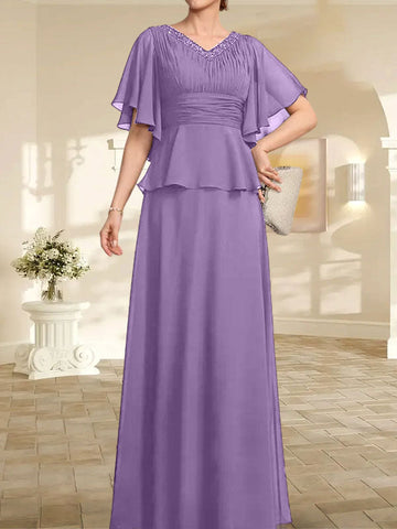 A-line V-Neck Floor-Length Chiffon Mother of the Bride Dress With Pleated Beading
