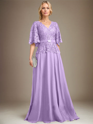 A-line V-Neck Floor-Length Chiffon Lace Mother of the Bride Dress With Crystal Brooch Rhinestone