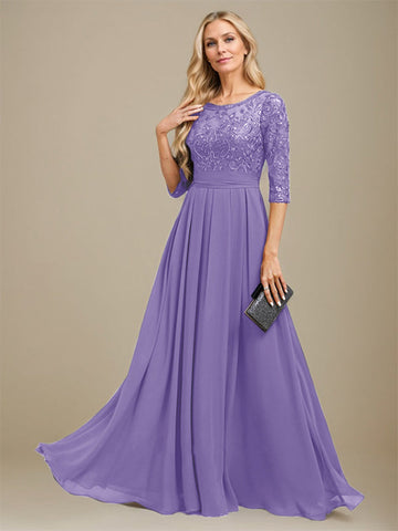 A-Line Scoop Floor-Length Lace Chiffon Mother Of the Bride Dress With Sequins Applique