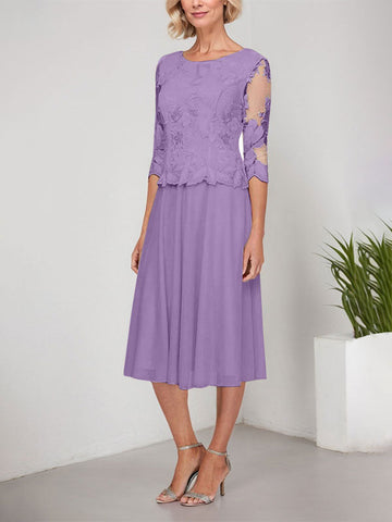 A-line Scoop Tea-Length Lace Chiffon Mother of the Bride Dress With Embroidery
