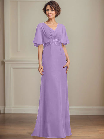 A-line V-Neck Floor-Length Chiffon Mother of the Bride Dress With Pleated Sequins Appliques Lace