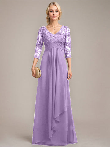 A-line V-Neck Floor-Length Lace Chiffon Mother of the Bride Dress With Cascading Ruffles Sequins
