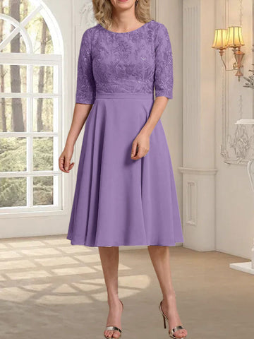A-line Scoop Knee-Length Lace Chiffon Mother of the Bride Dress