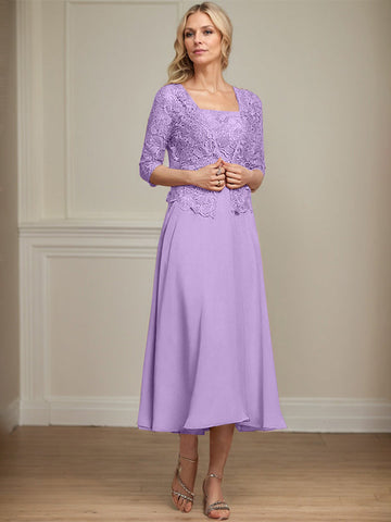A-line Square Tea-Length Chiffon Lace Mother of the Bride Dress With Sequins Beading