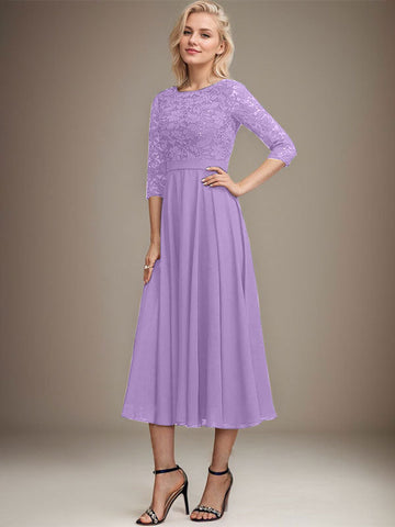 A-line Scoop Tea-Length Lace Chiffon Mother of the Bride Dress With Sequins