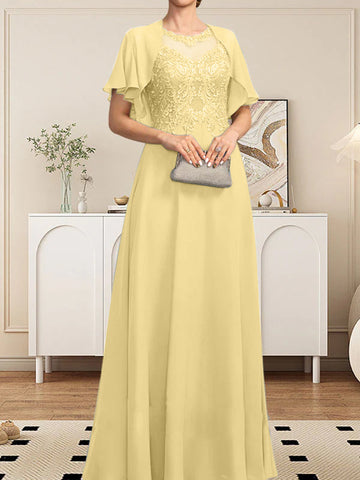 A-line Scoop Illusion Floor-Length Lace Chiffon Mother of the Bride Dress With Sequins