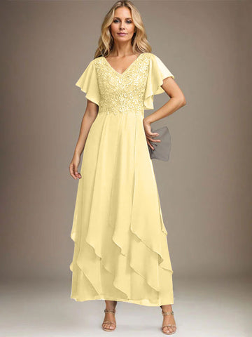 A-line V-Neck Ankle-Length Lace Chiffon Mother of the Bride Dress With Cascading Ruffles