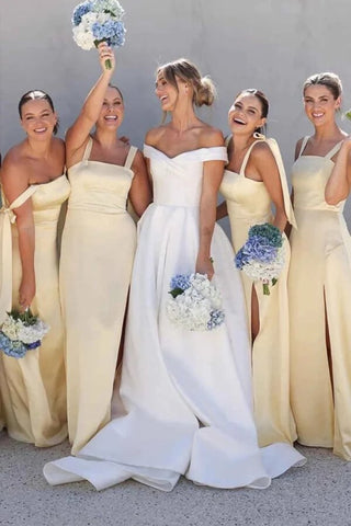 Light Yellow Satin Sheath Straight Across Bridesmaid Dresses With Slit