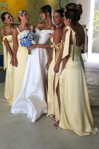 Light Yellow Satin Sheath Straight Across Bridesmaid Dresses With Slit