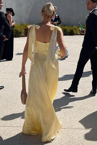 Light Yellow Satin Sheath Straight Across Bridesmaid Dresses With Slit