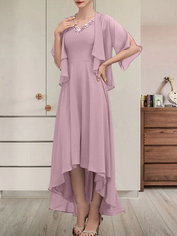 A-line V-Neck Asymmetrical Chiffon Mother of the Bride Dress With Beading Sequins